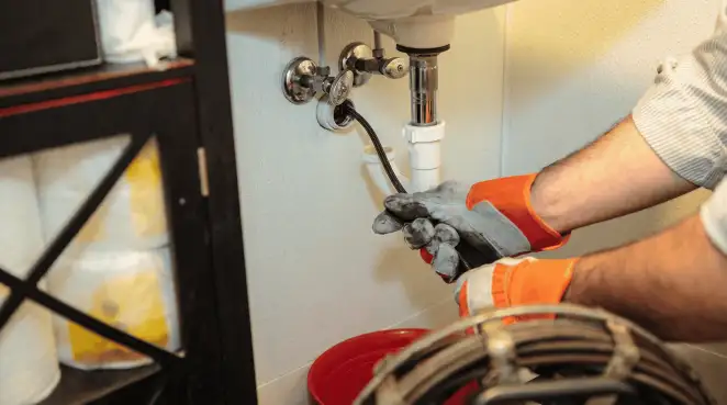 Drain cleaning technician using a motorized plumbing snake to clear a clogged sink pipe in Sarasota, FL